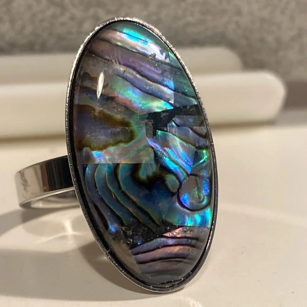 NEW Oversized Abalone Statement Ring Silver Boho Iridescent Shell Jewelry GIFT 8
